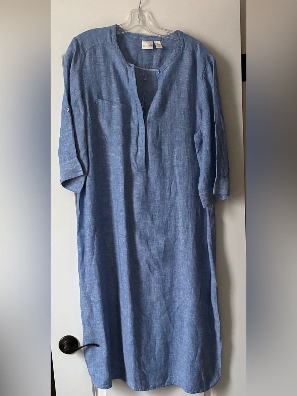 Chico's Blue Casual Button-Down Linen-Blend midi dress.  Size 3